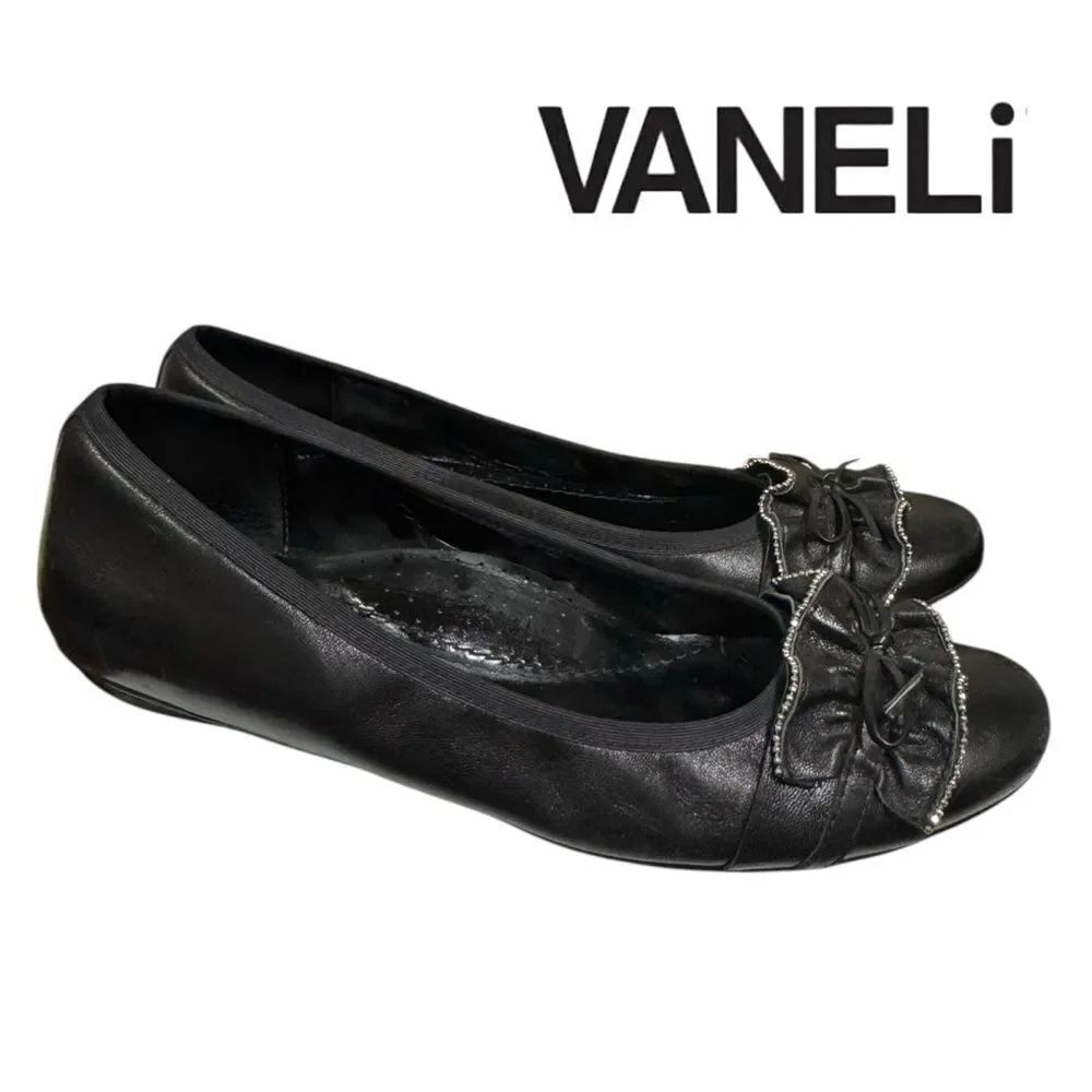 Vaneli Women's Black Leather Slip-on Ruffle Bow Ballet Flats 10 10N